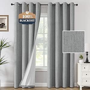 H.VERSAILTEX Blackout Curtains, Chenille Linen Curtains 108 inches Long 100% Black Out Curtains for Bedroom Windows, Textured Linen Look Draperies Grommet with White Liner, 2 Panels, Heather Dove Gray