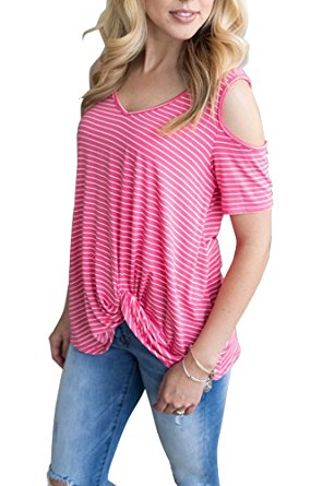 Pxmoda Women's Striped Cold Shoulder T Shirt Loose Fit Comfy Tunic Tops