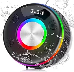 Bluetooth Shower Speaker, Portable Speakers Bluetooth 5.3 with HD Sound, IPX7 Waterproof, Colorful RGB Light/LED Display/FM Radio/Hands-Free Call/Suction Cup, Perfect for Bathroom Sing-Along, Black