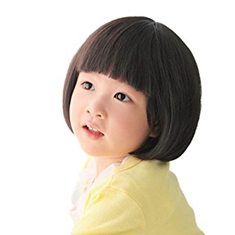 Rise World Wig Fashion Black Straight Wigs for Kids Child Flat Bangs Synthetic BOB Cosplay Wig