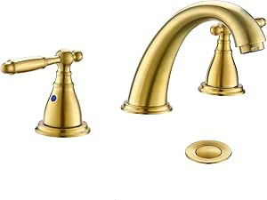 Phiestina Widespread Brushed Gold 8 Inch 3 Hole 2-Handle Bathroom Faucet with Metal Pop-Up Drain Assembly, Low Arc Bathroom Sink Faucet, WF008-4-BG