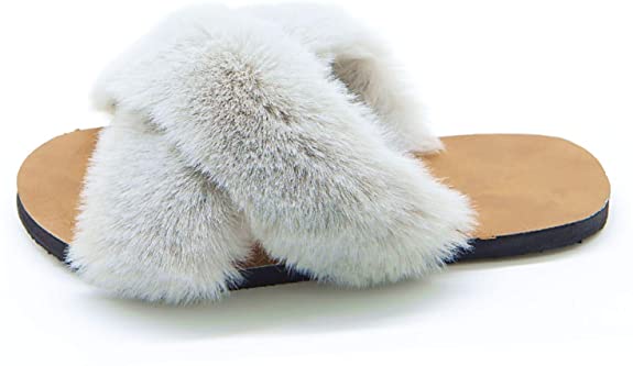 Women's Fuzzy Crossband Fluffy Furry Fur Slippers Flip Flop Summer Winter Warm Cozy House Sandals Slides Soft Flat Comfy Anti-Slip Spa Indoor Outdoor Slip on