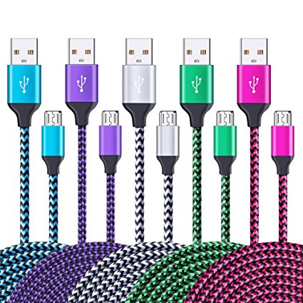 Android Charger Cable, Sicodo 5-Pack High Speed 6FT Premium Nylon Braided USB 2.0 A Male to Micro B Data Charger Cable for Samsung Galaxy S7 S6 Edge, Note 5, HTC, Motorola, Sony, LG and More