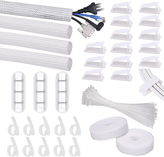 SOULWIT Kabelmanagement Kit, 4 Kabelschläuche, 3 Silikon Kabelhalter, 10 2 Kabelbinder Selbstklebend, 15 Kabelklemmen Groß, 100 Kabelbinder für TV-PC unter Schreibtisch Home Office