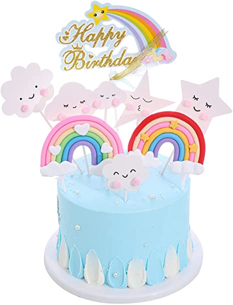 9pc cute Girl's favorite birthday cake decoration Happy Birthday Cake Topper Set, Include Rainbow Cloud Star for Birthday Wedding Party Cupcake Decoration