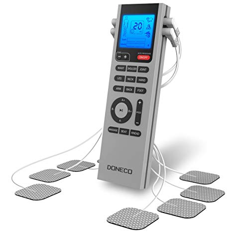 DONECO Electronic Pulse Massager - Portable TENS Unit with Adjustable Speed and Intensity for Muscle Pain Relief - Features 4 Outputs, 8 Pads and LCD Display Screen - High Quality, Batteries Included