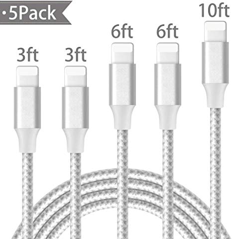 iPhone Charger, Mfi Certified Lightning Cables 5Pack 2x3Ft 2x6Ft 10Ft to USB Syncing Data and Nylon Braided Cord Charger for iPhone XS/Max/XR/X/8/8Plus/7/7Plus/6S/Plus/SE/iPad and More