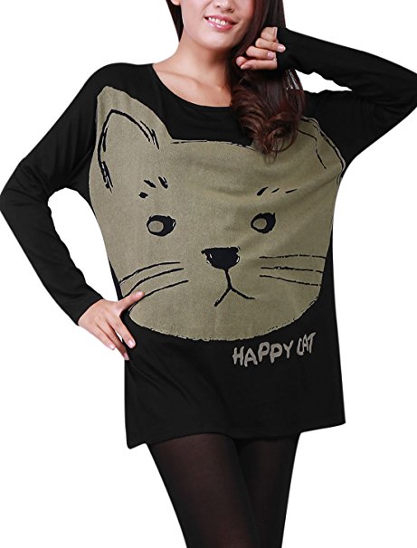 Allegra K Women Batwing Sleeve Loose Cat T Shirts Casual Oversize Tops, Black, Medium / US 10
