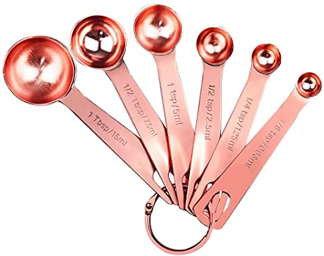 Measuring Spoons Set, BESTZY Rose Gold Plated Metal Teaspoons and Tablespoons, with Detachable Ring Holder, for Dry and Liquid, Fits in Spice Jar, Set of 6