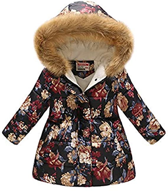 Miss Bei Girl's Coat Water-Resistant Hooded Kids Toddler Winter Flower Print Parka Outwear Warm Cotton Coat Hooded Jacket