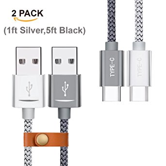 USB C Cable,Snowkids Type C Cable 1ft/5ft Nylon Braided Long/Short Cord Fast Charger for LG G5 V20,Nexus 6P 5X,Huawei P9/Mate 9,Google Pixel XL,OnePlus 2,Type C USB Devices-2Pack(1ft silver,5ft black)