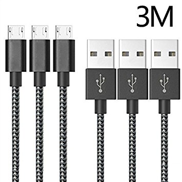 Micro USB Cable,ONSON 3Pack 3m/10ft Extra Long Premium Nylon Braided High Speed USB to Micro USB Charging Cord Android Fast Charger Lead for Samsung Galaxy S7 Edge/S6/S4/S3,Note 5/4/3,HTC,LG(Black)