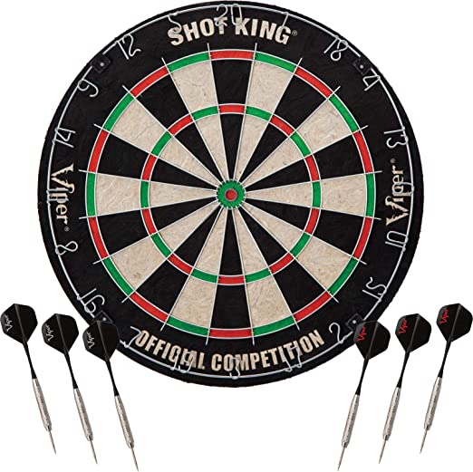 Viper Shot King Regulation Bristle Steel Tip Dartboard Set with Staple-Free Bullseye, Metal Radial Spider Wire, High-Grade Compressed Sisal Board with Rotating Number Ring, Includes 6 Steel Tip Darts