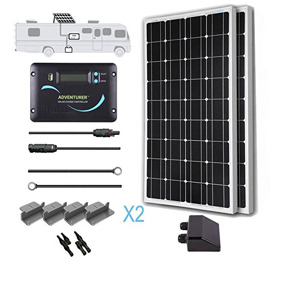 Renogy 200 Watts 12 Volts Monocrystalline Solar RV Kit Off-Grid Kit with 30A PWM LCD Charge Controller   Mounting Brackets   MC4 Connectors   Solar Cables   Cable Entry housing