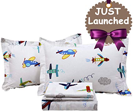 Brandream Kids Bedding Sets Boys Airplanes Vehicles Bed Sheet Set Cotton Sheets Set 4pcs Queen Size