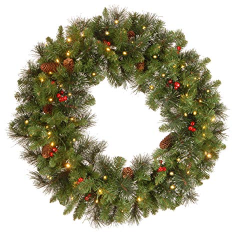 National Tree 30 Inch Crestwood Spruce Wreath with Silver Bristles, Cones, Red Berries and 70 Clear Lights (CW7-306-30W-1)