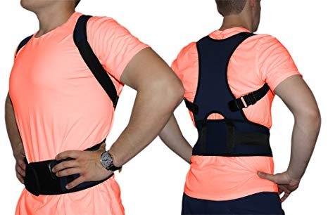 Posture Corrector Brace Lumbar Back & Shoulder Support - Adjustable Straps and Comfortable Mesh - Pain Relief for Men and Women Improves Bad Back & Kyphosis by Embrace (Blue, Large)