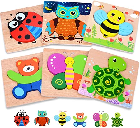 EMIDO Animal Shape Wooden Toddler Puzzles Gifts Toys Set for 1 2 3 Year Old Boys Girls Toddler Educational Preschool Toys Sensory Toy Colors Shapes Cognition Skill Learning Montessori Toy