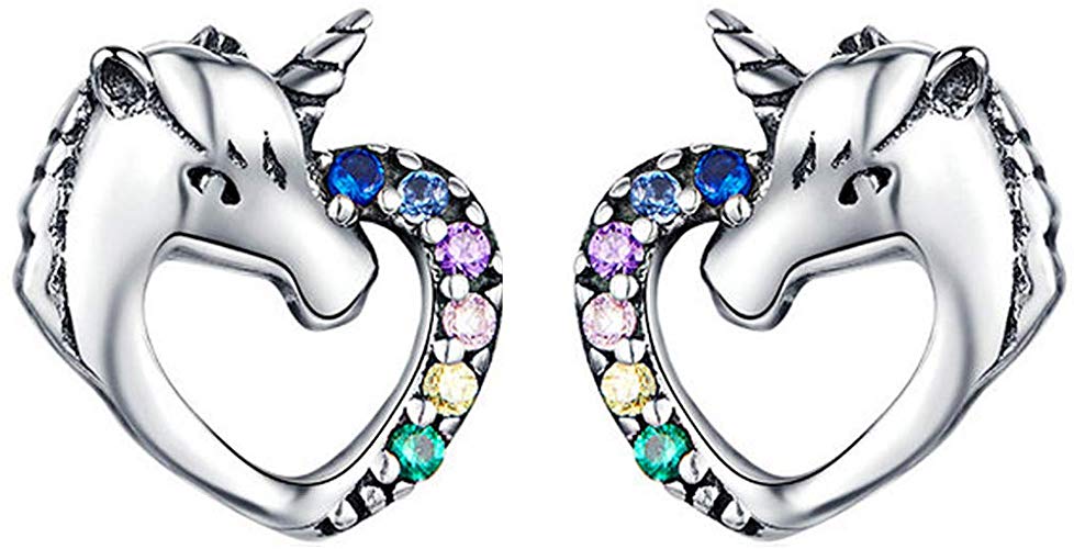 Presentski Unicorn CZ Stud Earrings 925 Sterling Silver Love Heart Cute Animal Hypoallergenic Piercing Earrings Studs for Kids Girls Women