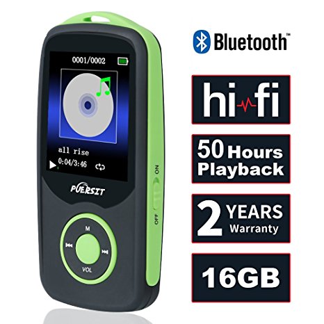 16GB HiFi Bluetooth 4.0 MP3 Music Player with 50 Hours Audio Playback,Support up to 64GB,Green,(Earphone included)