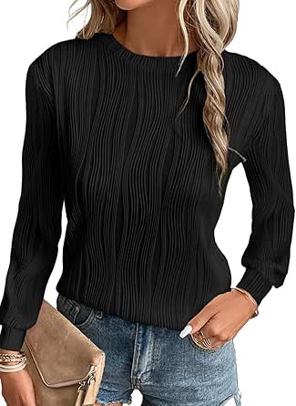 EVALESS Womens Tops Trendy Dressy Casual Long Sleeve Crewneck Basic T Shirts Solid Loose Textured Blouses Outfits