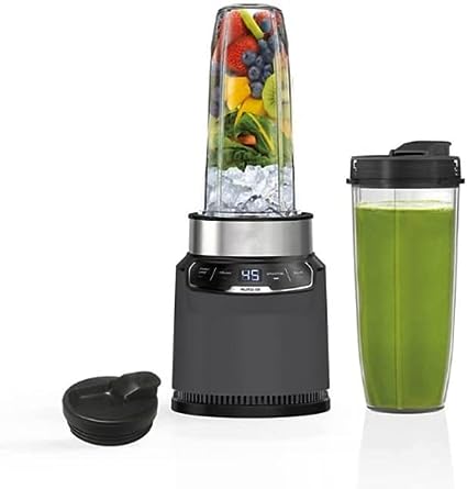 Ninja BN401-A Nutri Pro Compact Personal Blender, Auto-iQ Technology, 1100-Peak-Watts, for Frozen Drinks, Smoothies, Sauces & More, with (2) 32-oz. To-Go Cups & Spout Lids, Gray (2) 32-oz. To-Go Cups, Dark Gray)