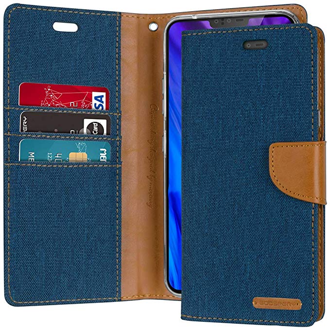 Goospery Canvas Wallet for LG V40 ThinQ Case (2018) Denim Stand Flip Cover (Blue) LGV40-CAN-BLU