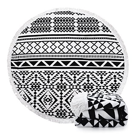 Indian Mandala Microfiber Large Round Beach Blanket with Tassels Ultra Soft Super Water Absorbent Multi-Purpose Towel 59 inch across (NO.8)