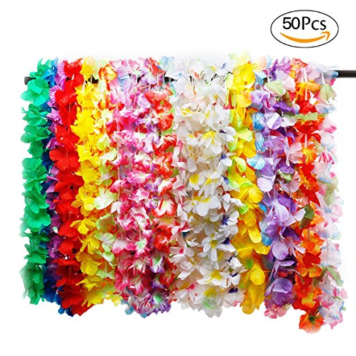 Ezerbery 50 pcs Tropical Hawaiian Luau Flower Leis Necklaces for Beach Theme Party Supplies Decorations Favors Ornaments