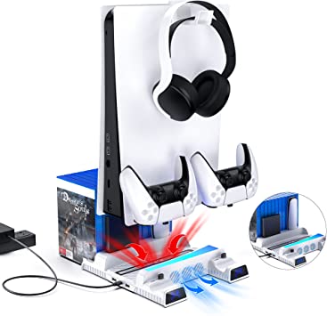 NexiGo PS5 Vertical Stand with Headset Holder and AC Adapter for PS5 Disc & Digital Editions, RGB LED Light, Dual Controllers Charger, 12 Game Rack Organizer, Hard Drive & Media Remote Slots, White