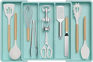 Lifewit Utensil Drawer Organiser, Expandable Large Cutlery Tray for Kitchen, Adjustable Silverware Flatware Holder, Plastic Kitchen Spatula Tools and Gadgets Storage Divider, Large, Turquoise