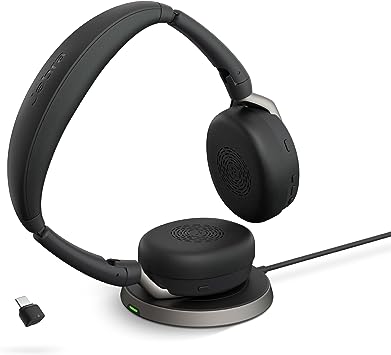 Jabra Evolve2 65 Flex Stereo Headset with Bluetooth, Wireless Charging Pad - Noise-Cancelling ClearVoice Technology & Hybrid Active Noise Cancellation - Certified for Microsoft Teams - Black