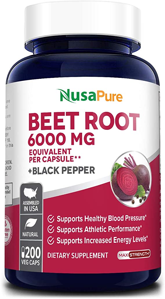 Beet Root 6000mg 200 Veggie caps (Non-GMO, Extract 20:1 & Gluten Free) with Black Pepper - Helps lowering Blood Pressure, Supports Performance and Insulin Response & Maintains Skin Condition