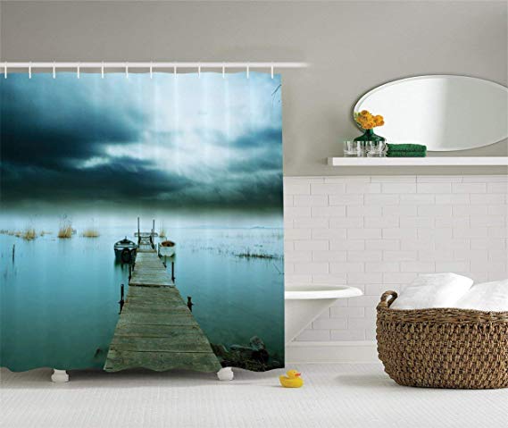 Ambesonne Wooden Bridge Decor Collection, Stormy Sky over Lake Port Wooden Jetty Evening View, Polyester Fabric Bathroom Shower Curtain Set with Hooks, 84 Inches Extra Long, Dark Teal Navy Ivory