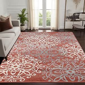 Superior Indoor Area Rug, Jute Backed, Perfect for Entryway, Office, Living/Dining Room, Bedroom, Kitchen, Hardwood Floor, Floral Scroll Decor, Leigh Collection, 5' x 8', Beige Red