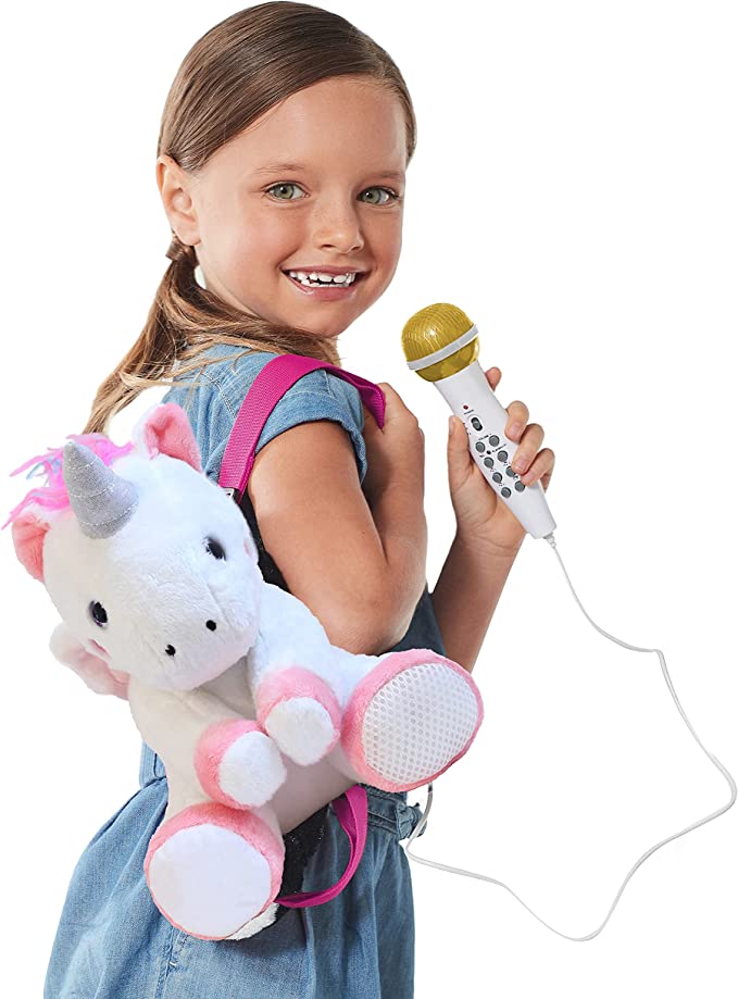 Singing Machine Kids Presents The Sing Along Crew Speaker & Microphone Plush Kids Karaoke Backpack with Songs, Sound Effects & Recording, Uni Queen, White and Pink (SMK012)