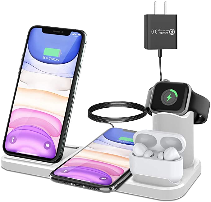 Wireless Charger [with QC 3.0 Adapter], Wonsidary 4 in 1 Fast Charging Station for Apple Watch 6/5/4/3/2 & Airpods Pro/2/1, iPhone 11/11 Pro Max/11 Pro/XS/XR/X/8/8 Plus (Wireless Charge 2 Phones)