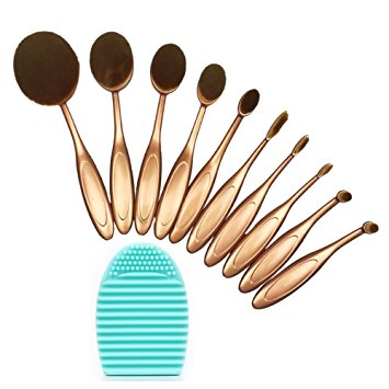 BeautyKate 10 Pcs Oval Toothbrush Makeup Foundation Brushes Sets (Gold)  1 Cosmetic Washing Cleaner