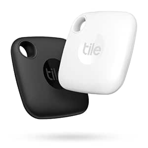 Tile Mate Bluetooth Item Finder, 2 Pack, 60m finding range, works with Alexa & Google Home, iOS & Android Compatible, Upto 3 years of Battery, Find Keys, Remotes & More, Black/White