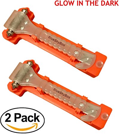 Value 2 Pack - GLOW IN THE DARK Emergency Escape Tool Auto Car Window Glass Hammer Breaker and Seat Belt Cutter Escape 2-in-1 Tool by BlueSkyBos (2-in-1 twin glow, Light Gray)