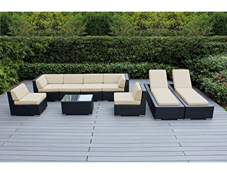 Ohana 9-Piece Outdoor Patio Furniture Sectional Sofa and Chaise Lounge Set, Black Wicker with Sunbrella Antique Beige Cushions - No Assembly with Free Patio Cover