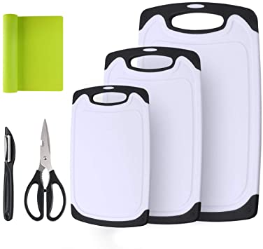 Vicloon Chopping Board Set with Juice Groove, Plastic Cutting Board Set Including Non-Slip Mat, Peeler, Kitchen Scissors, BPA-Free, Non-Porous, Dishwasher Safe - Set of 6