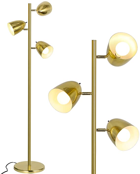 Industrial LED Reading and Floor Lamp for Living Rooms, Bedrooms, Mid Century Modern Adjustable 3 Light Tree, Standing Tall Pole Lamp with 3 LED Bulbs, Antique Brass/Gold