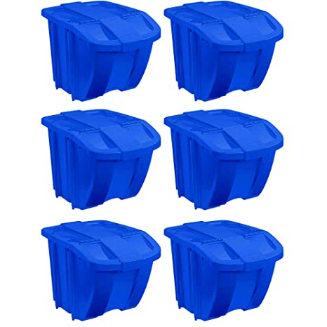Suncast 18 Gallon Durable Stackable Resin Home Storage Bin w/ Lid, Blue (6 Pack)