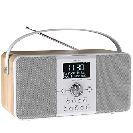 AZATOM Multiplex D2 DAB  FM Digital Radio & Alarm Clock - Bluetooth 5.0 - Stereo Speaker - Twin Alarms - Massive Rechargeable Battery - USB Mobile Phone Charging - Premium Sound (Oak)