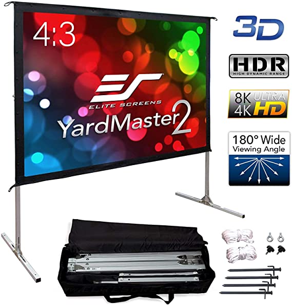 Elite Screens Yard Master 2, 100 inch Outdoor Projector Screen with Stand 4:3, 8K 4K Ultra HD 3D Portable Fast Folding Movie Theater Cinema 100" Indoor Foldable Rear Projection Screen, OMS100VR2