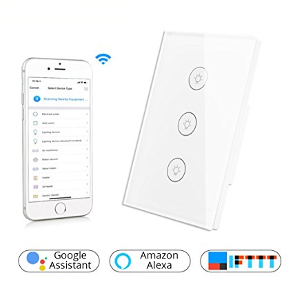 WiFi Smart Wall Touch Light Switch Glass Panel Wireless Remote Control by Mobile APP Anywhere Work with Amazon Alexa,Timing Function No Hub Required (Wall Switch 3 Gang)
