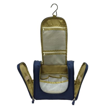 Portable Toiletry Bag for Women Makeup or Men Shaving Kit with Hanging Hook blue