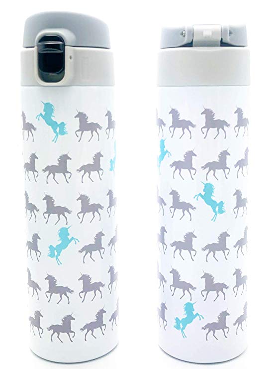 L LIFETIME Unicorn Water Bottle Stainless Steel, White Unicorn Figures Design for Kids Girls Teens Tween Adult Cold Hot Leak-Proof Lock Lid No Straw Insulated Dishwasher Safe