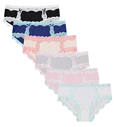 Free to Live 6 Pack Women's All Over Lace Trim Hipster Cotton Panties